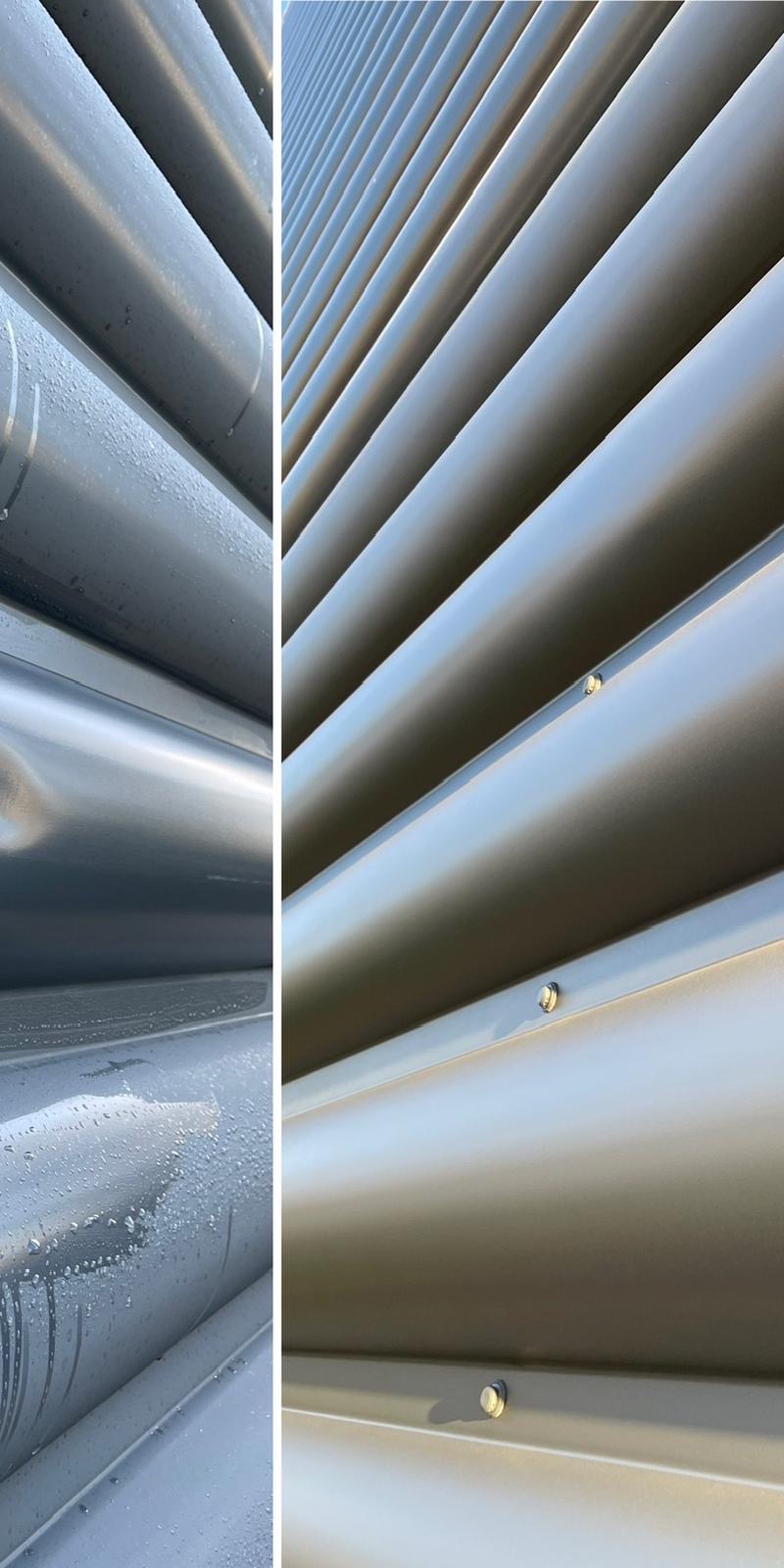 Commercial cladding spraying: weathered and damaged cladding before and after an on site respray. Before.