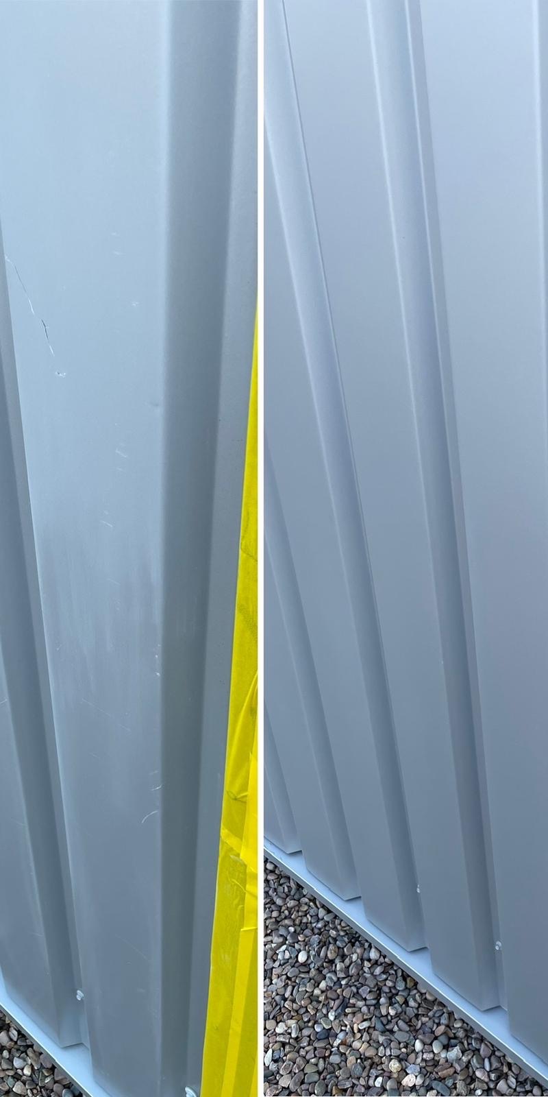 Cut edge corrosion treatment: rusting roof sheet laps before and after being stripped, treated and sealed. Before.