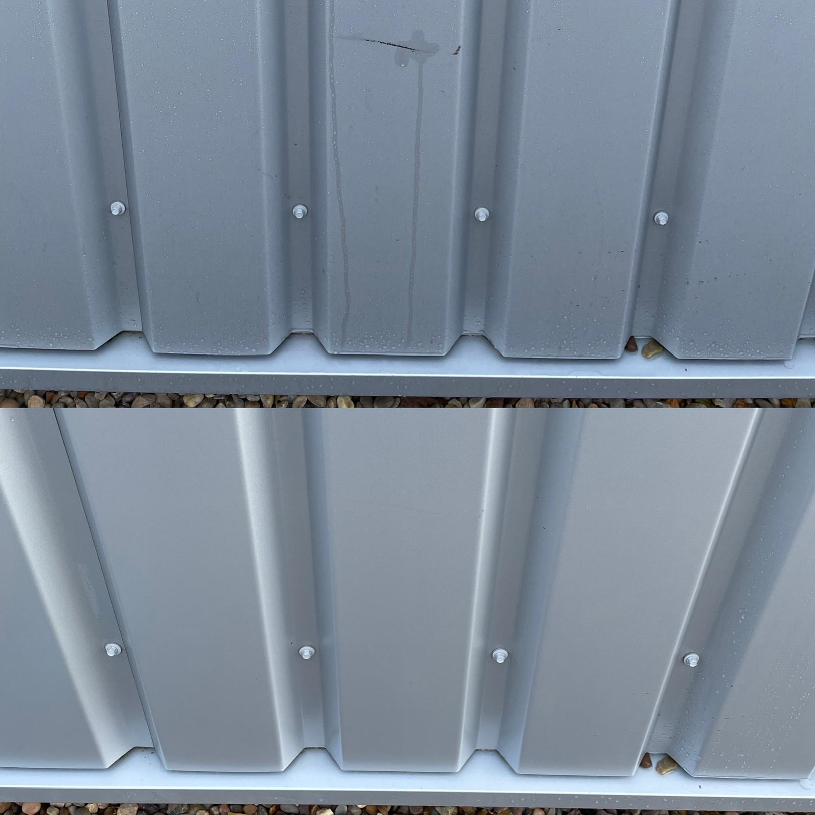 Commercial cladding cleaning: dirty industrial cladding before and after an external wash. After.