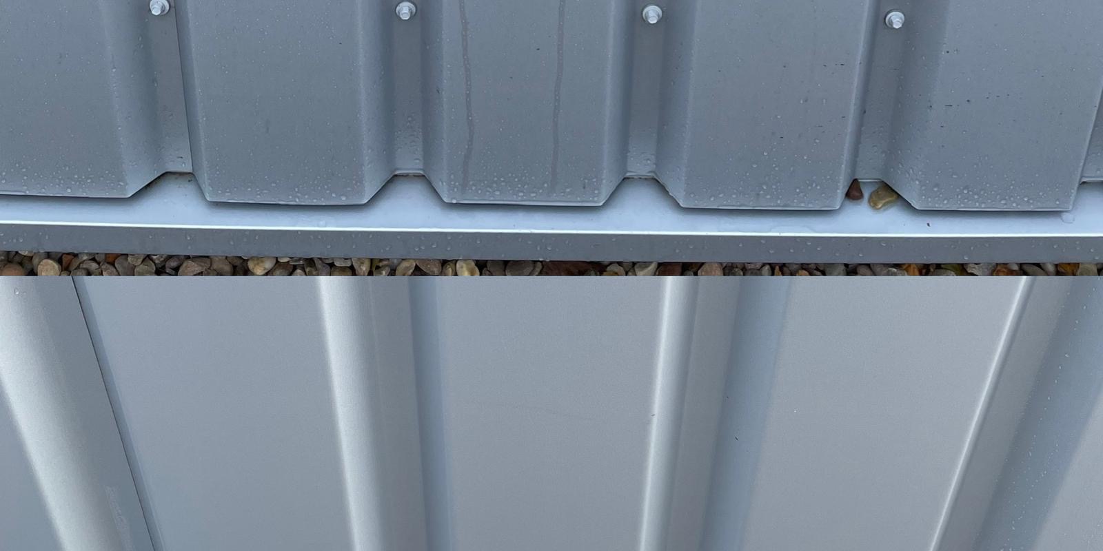 Commercial cladding cleaning: dirty industrial cladding before and after an external wash. Before.